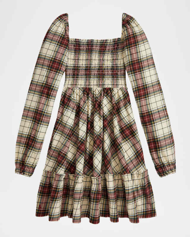 Girl's Plaid Ruffled Cotton Jersey Dress, Size S-XL